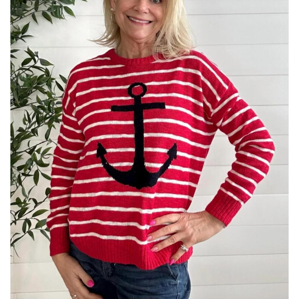 NEW NINETY CLOTHING CO anchors away sweater in red/white
